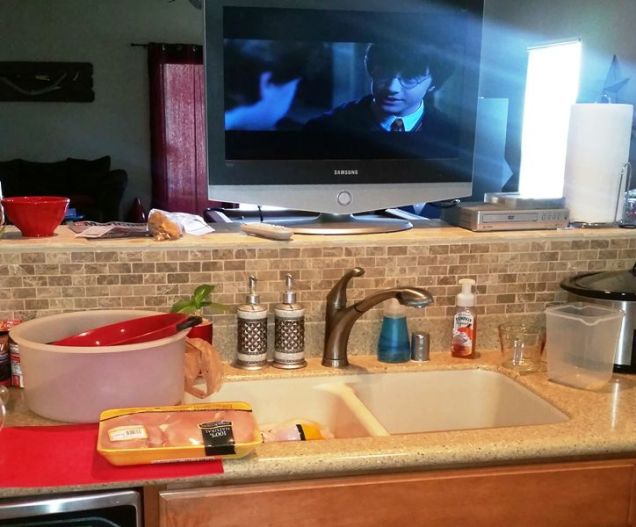 I decided to make meal planning more fun by moving an old TV into the kitchen to watch Harry Potter. Nerd fest :)